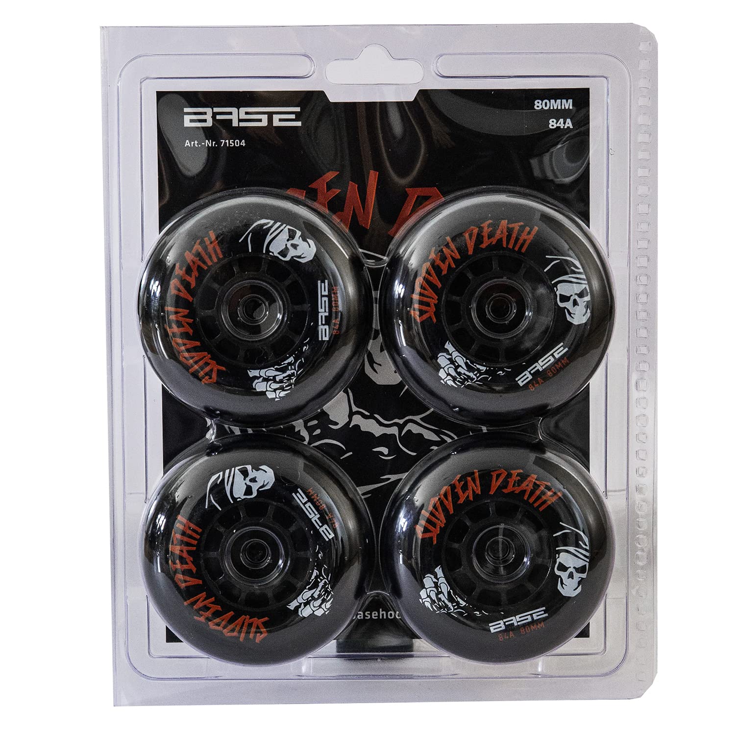 Base Outdoor Inliner Rollen Pro „Sudden Death“ | 4-er Pack | 84A Härte | extrem haltbar | starker Grip | schwarz | für alle gängigen Inliner-Marken geeignet
