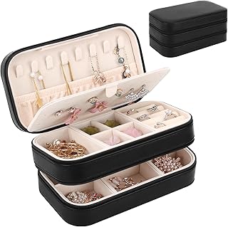 DesignSter Schmuckkästchen Reise, Kleine Tragbar Schmuckkasten Damen mit 2 Reißverschlüssen für Ringe, Ohrringe, Halsketten, 2 Ebenen Schmuckaufbewahrung, Schmuckkoffer, Schwarz