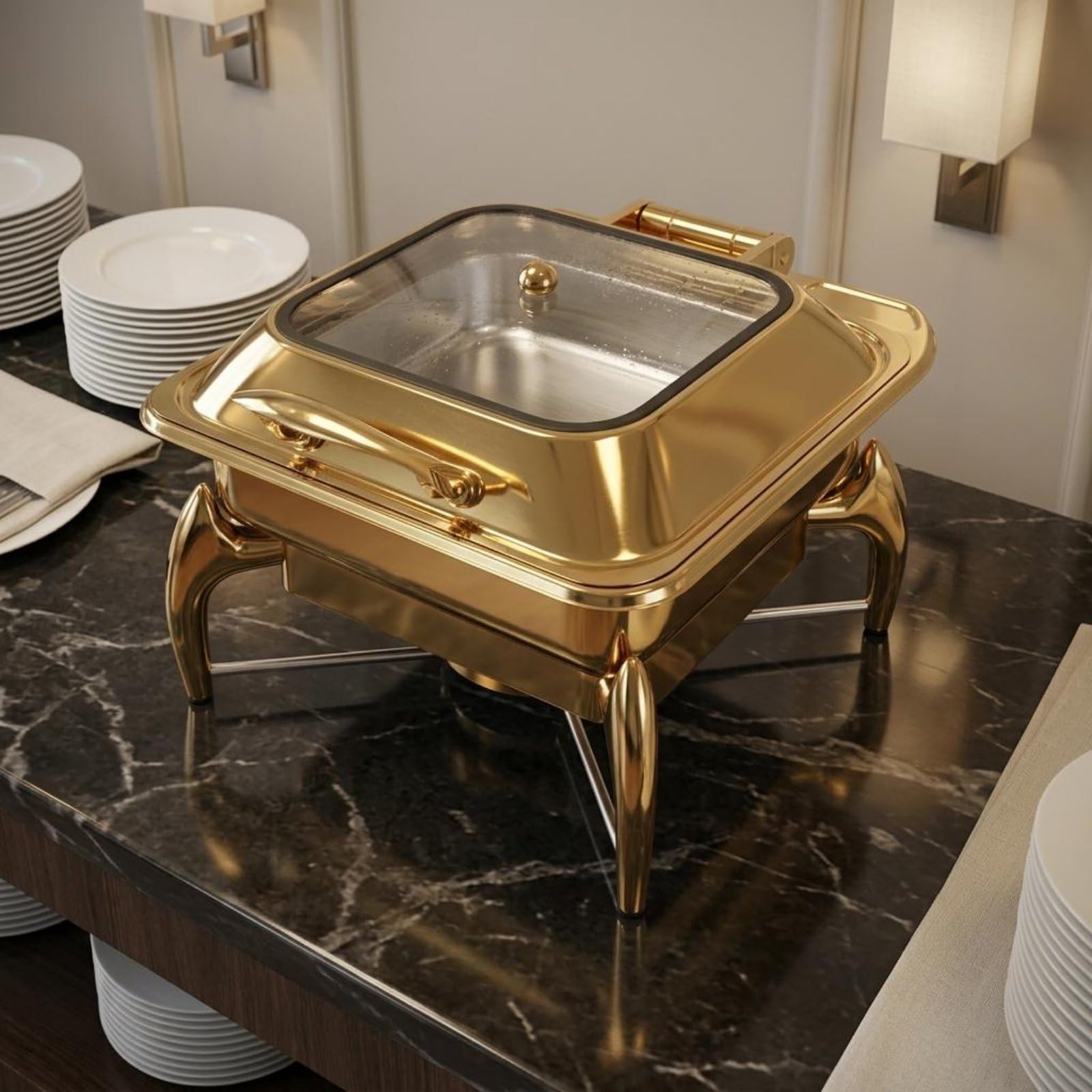 Chafing Dish Acabado Dorado Baño María Buffet Diseño Elegante Calentador Bufé para Catering, Comedor, Cuadrado De 6L con Tapa Extraíble