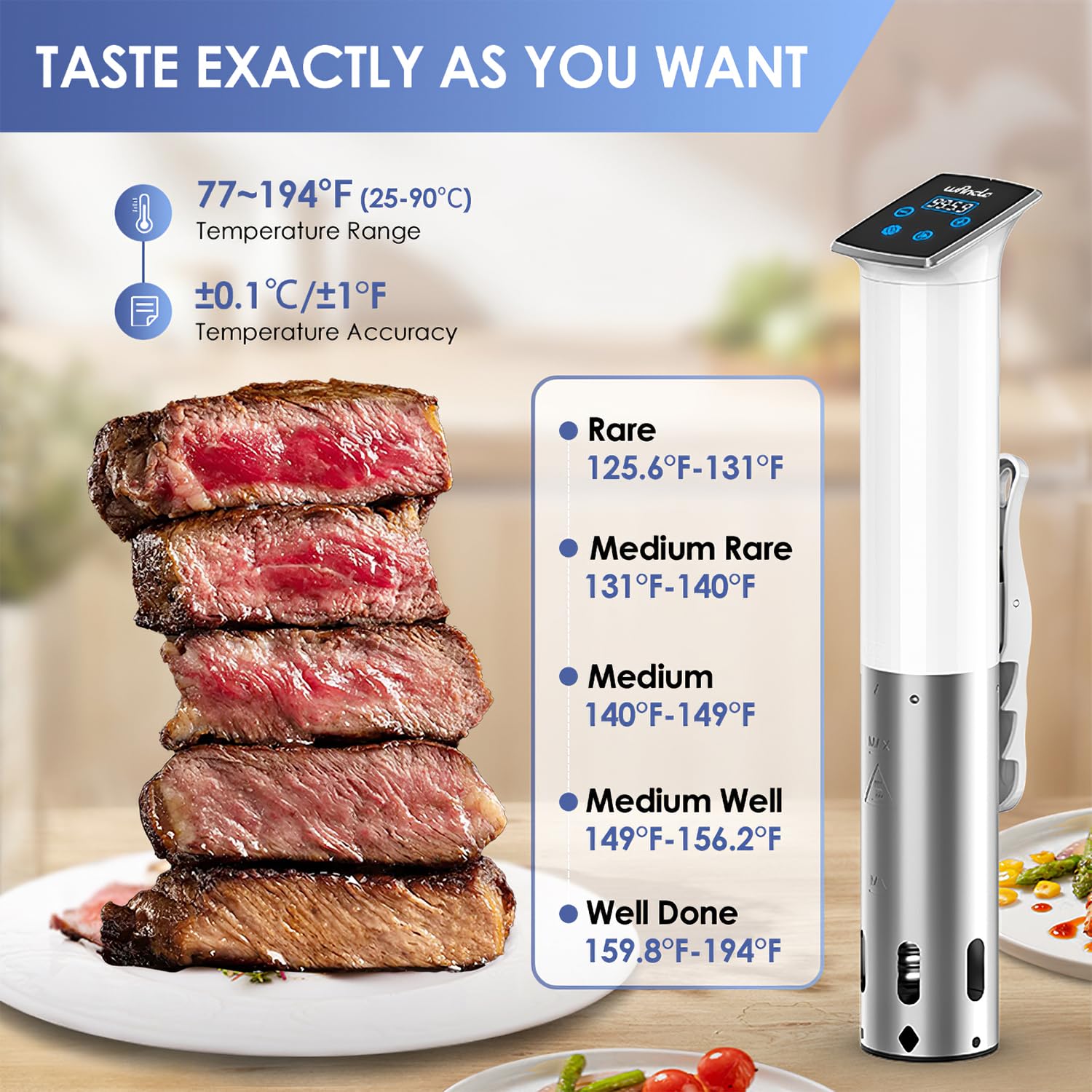 Wancle Sous Vide Sous Vide Stick 1100W –Sous Vide Garer mit IPX7 Wasserschutz, ±0,1 °C Temperaturkontrolle, leise & kompakt – Perfekt für zarte Steaks & Gemüse, Weiß