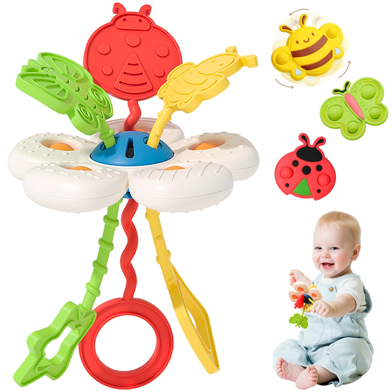 Joollurm 3 Insect Shapes Suction Cup Spinners Bath Toy Set including 1 Montessori Silicone Pull String Activity Toy
