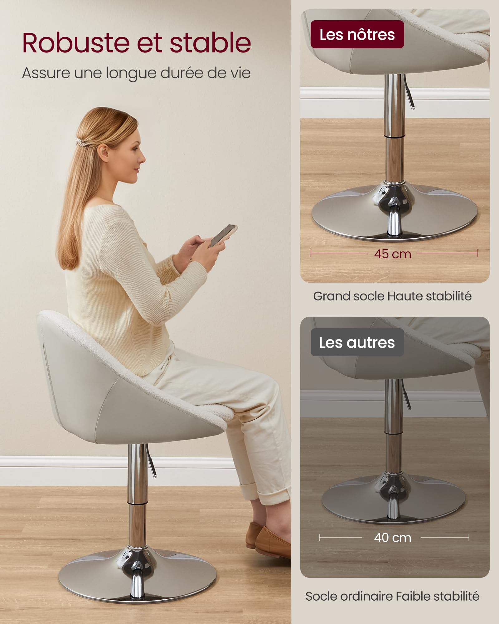 VASAGLE Chaise Réglable, Chaise de Coiffeuse, Fauteuil de Bureau Pivotant, Tabouret de Bar avec Dossier et Socle, en Acier, pour Bar, Bureau, Coiffeuse, Salle à Manger, Blanc Crème LJB100W01