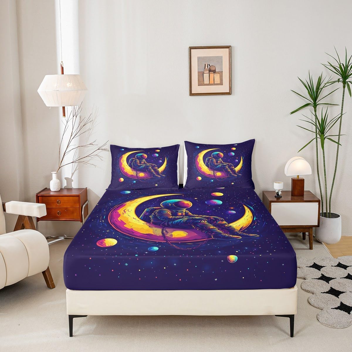 Boys Astronaut Fitted Sheets Full Size,Space Planet Bedding Set 3Pcs,Colorful Star Moon Flat Sheet for Kids Teens Girls Room Decor,Dreamy Galaxy Universe Deep Pocket Sheet,2 Pillowcases