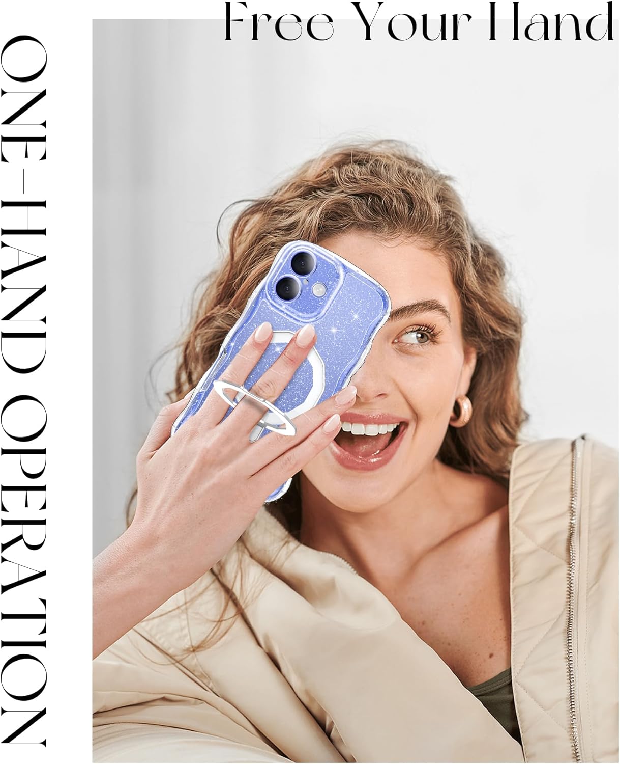 MIODIK for iPhone 16 Case with Screen Protector, Built-in Seamless Stand and Upgraded Camera Protection, [Compatible with MagSafe] Clear Glitter Wave Cute Phone Case for iPhone 16 - Clear + Kickstand