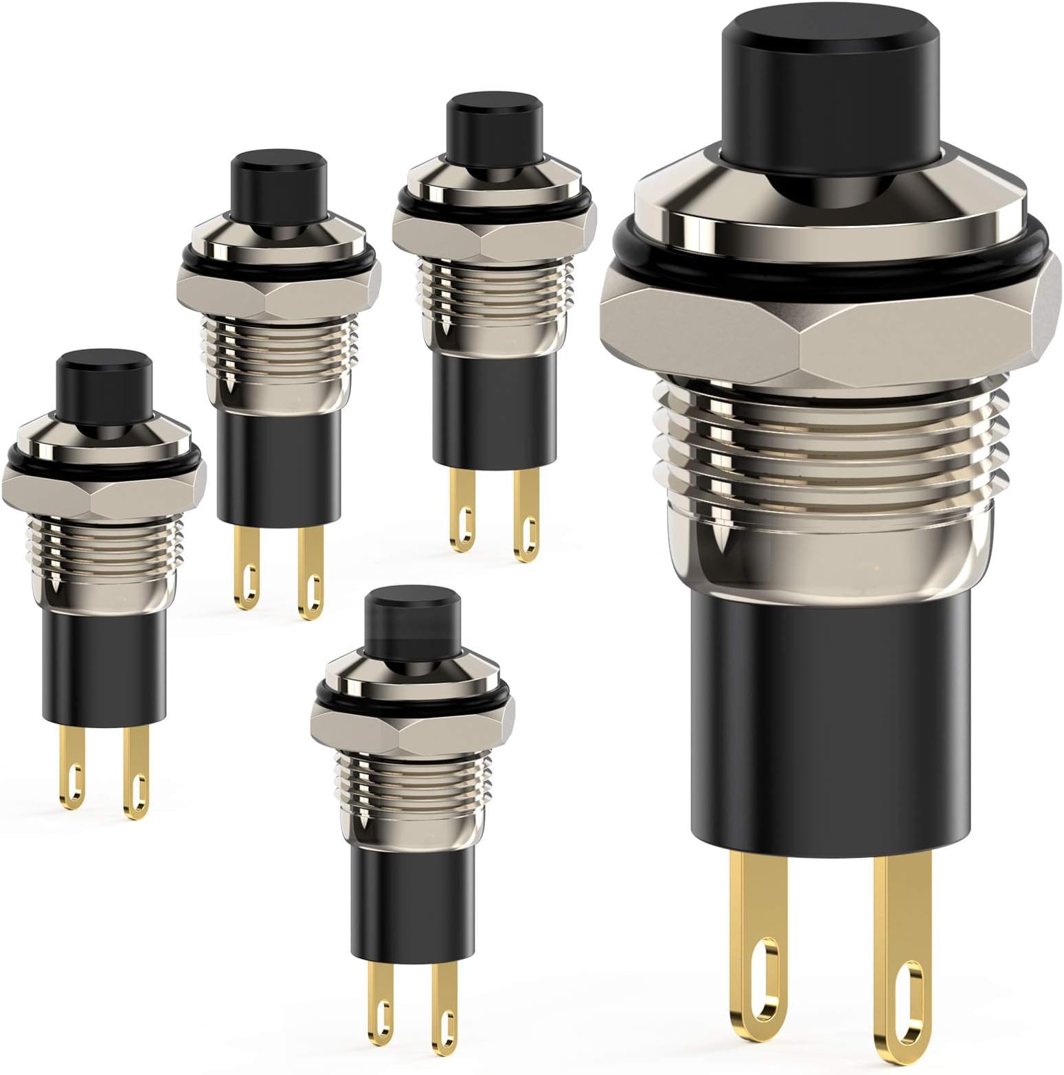 Push Button Switch, Self-Locking Mini Switches Latching 10mm Round DC24V 0.5A Black Cap 5PCS