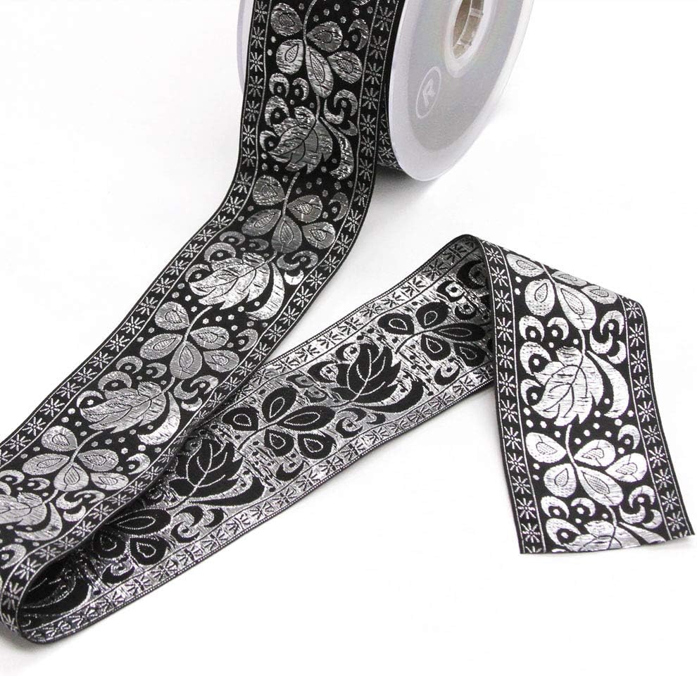 22 Yard Roll of ORIA Black and Silver Metallic Lamé Floral Jacquard Ribbon, 25mm, Made in Italy