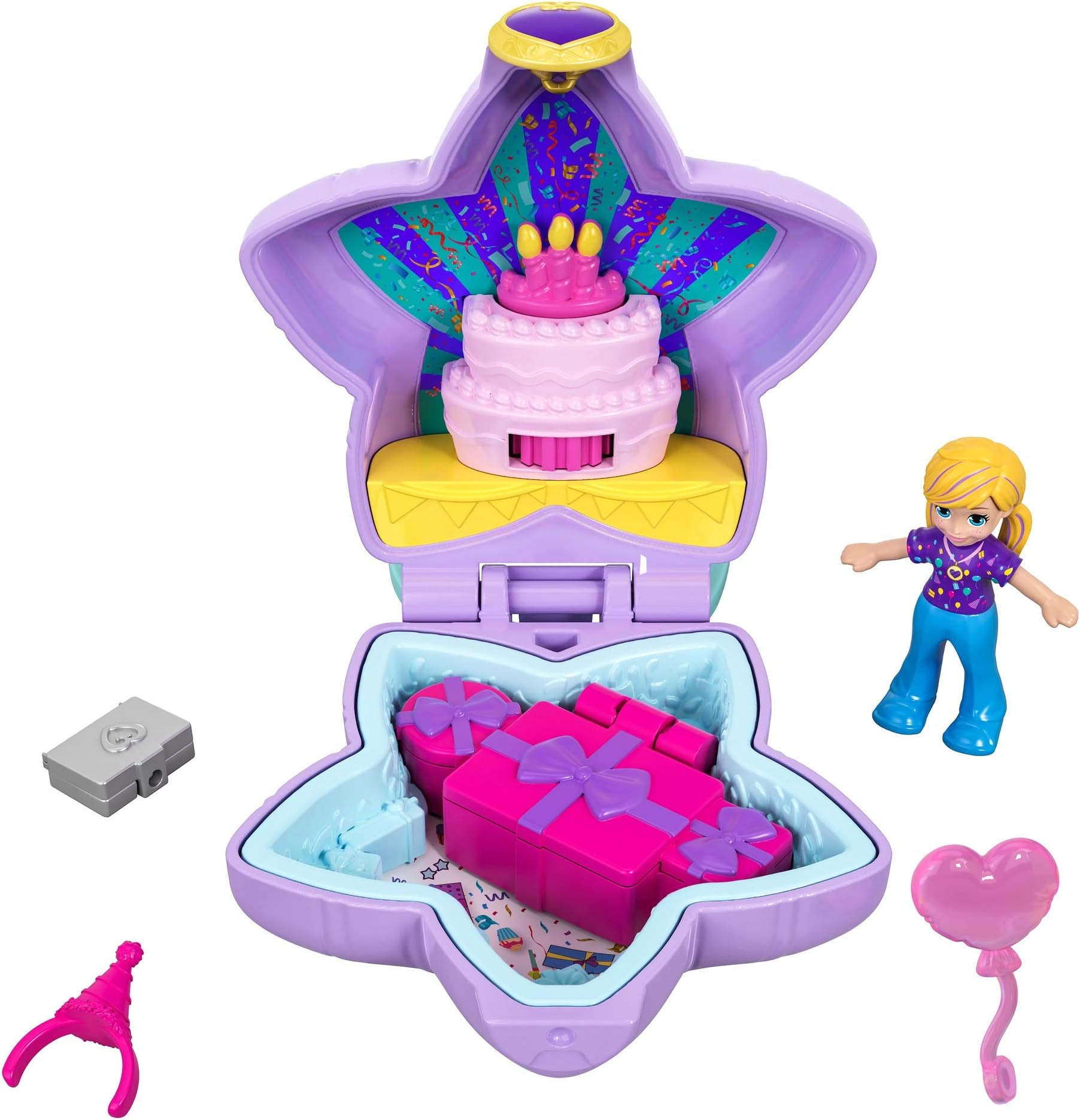 Tiny Pocket Places Birthday Surprise Party Compact with 2 Reveals, Accessories, Micro Polly Doll & Sticker Sheet; for Ages 4 and Up