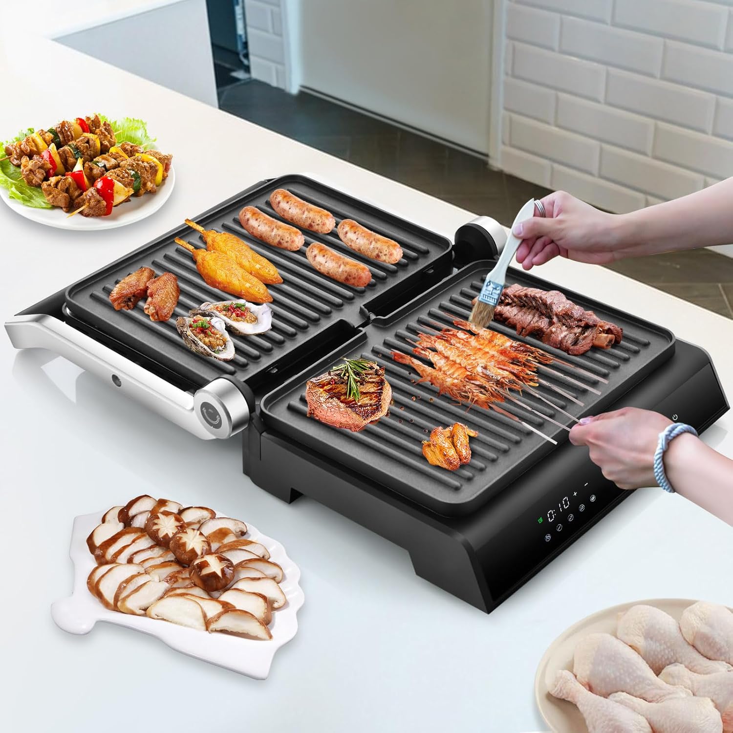 COSTWAY Electric Panini Press Grill fully open, grilling various foods like shrimp, steak, and sausages