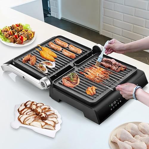 Miniatura 9 de COSTWAY Parrilla eléctrica de prensa Panini, sandwichera gourmet de 1200 W con platos antiadherentes de doble cara y bandeja de goteo extraíble,