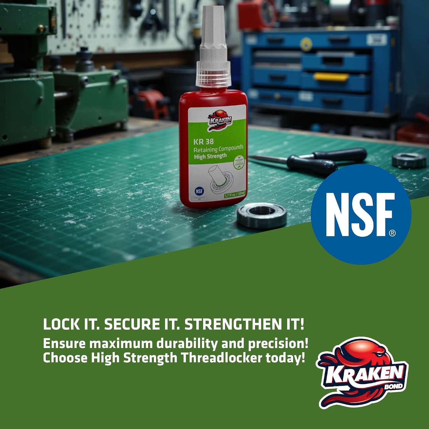 Kraken Bond KR38 High Strength Retaining Compound (2x1.7 fl oz) Green Acrylic Adhesive for Bearings, Shafts, Bushings & Metal Assemblies