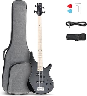 GLARRY Electric Bass Guitar Beginner Kit, 4 String Full Size Solid Body GIB F Series Bass Guitar with Thick Pading Gig Bag Backpack and Accessories (Black)