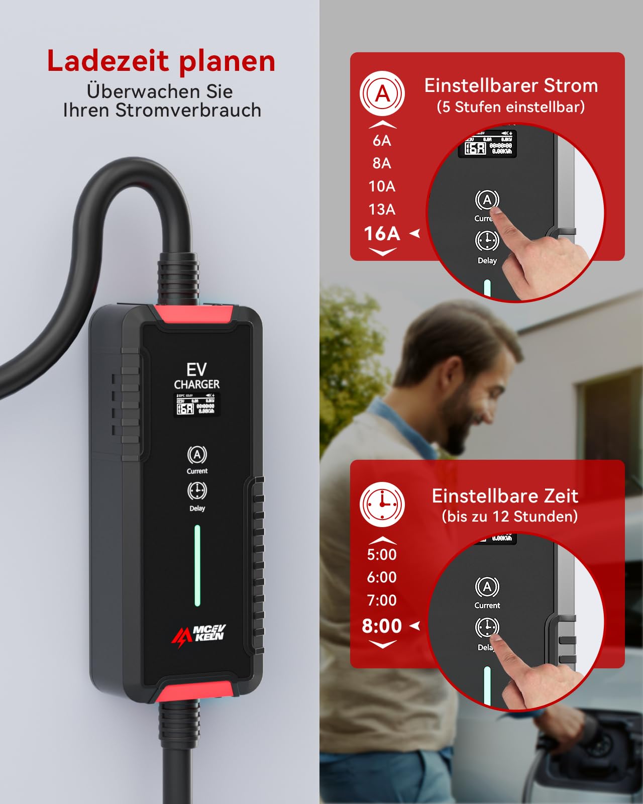 Typ 2 Ladekabel Schuko 3,6 kW - EV Ladegerät Typ 2 Schuko Umschaltbare Strom 6A/8A/10A/13A/16A| Einphasig |IP65 | 5M Mode 3 Ladekabel für Elektroautos & Hybrid IEC 62196-2 Steckdose