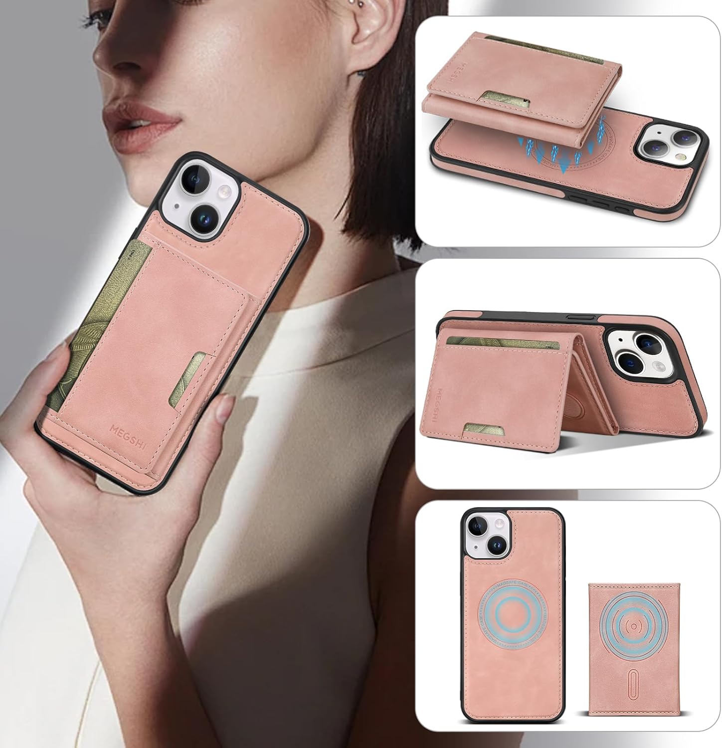 for iPhone 13 Wallet Case, 2-in-1 Detachable Wallet Case, Card Holder RFID Blocking, Fashionable Faux Leather Card Slot & Folding Design (Pink 6.1'')