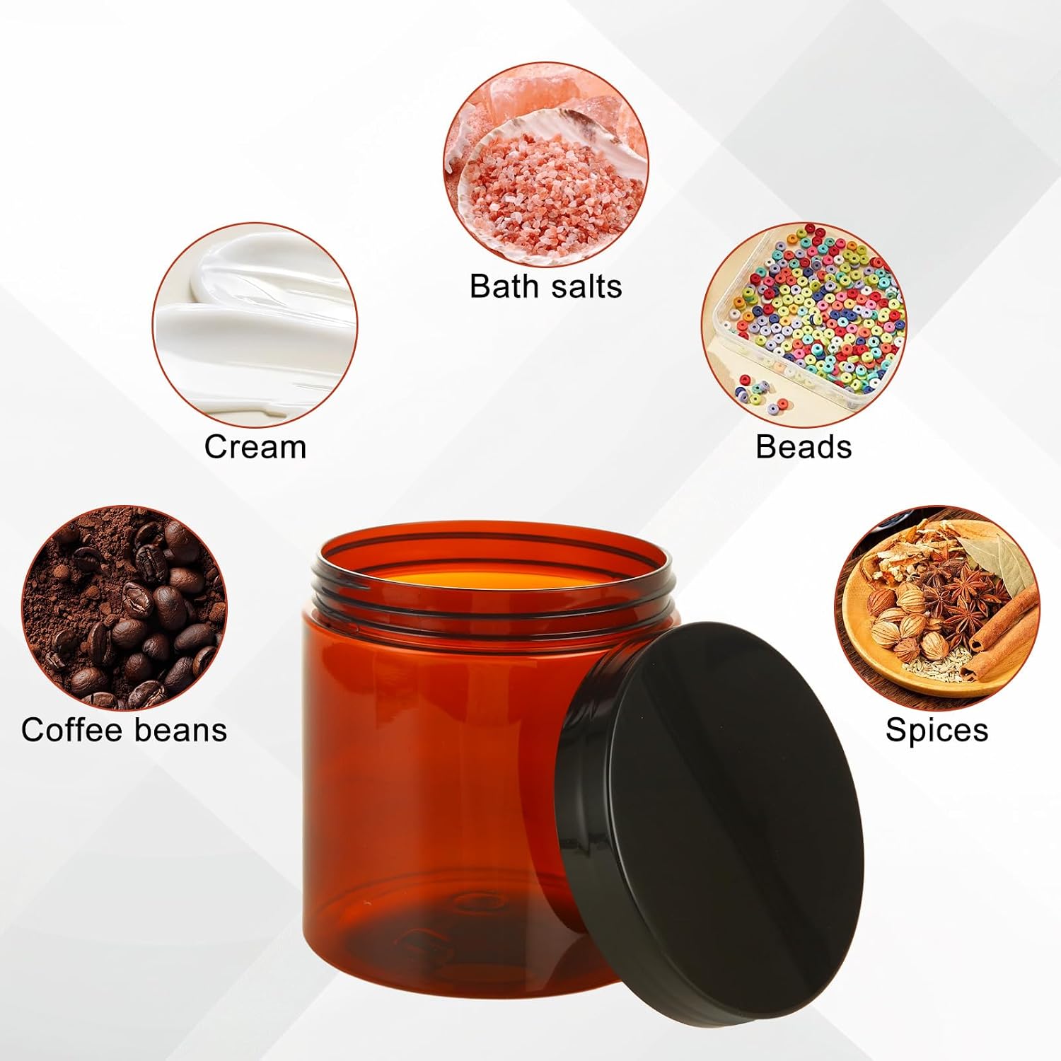 Acrux7 12 Pack 16 oz Amber Plastic Jars, Leak Proof Amber Plastic Containers with Lids, 500 ml Round Cosmetic Containers for Cream, Lotion, Powder, Scrubs, Bath Salt, Beauty Products