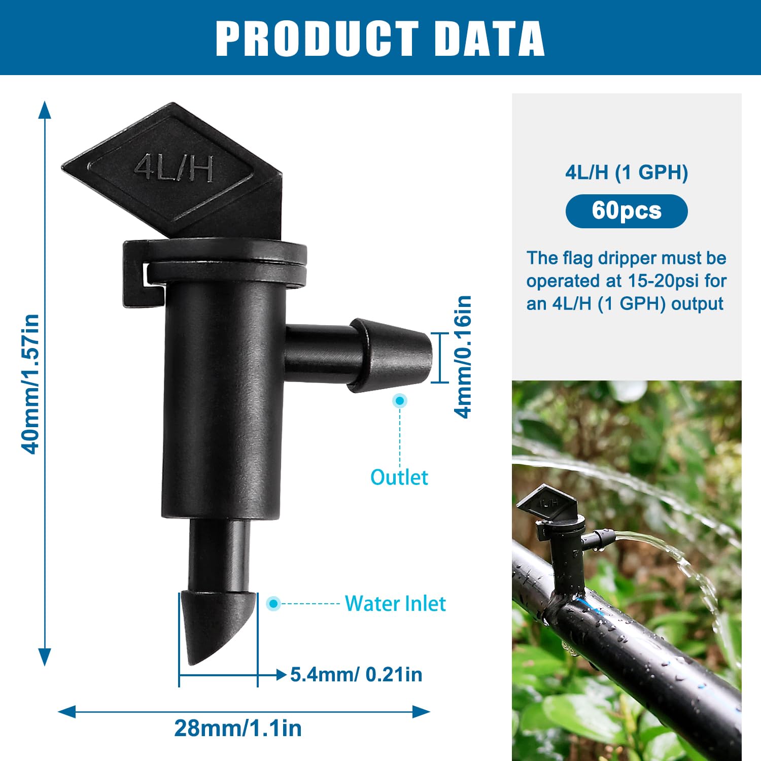 VooGenzek 60 PCS 1 GPH 4 L/H Irrigation Flag Dripper, Drip Emitter for Garden Emitter Sprinkler Drippers - Image 2