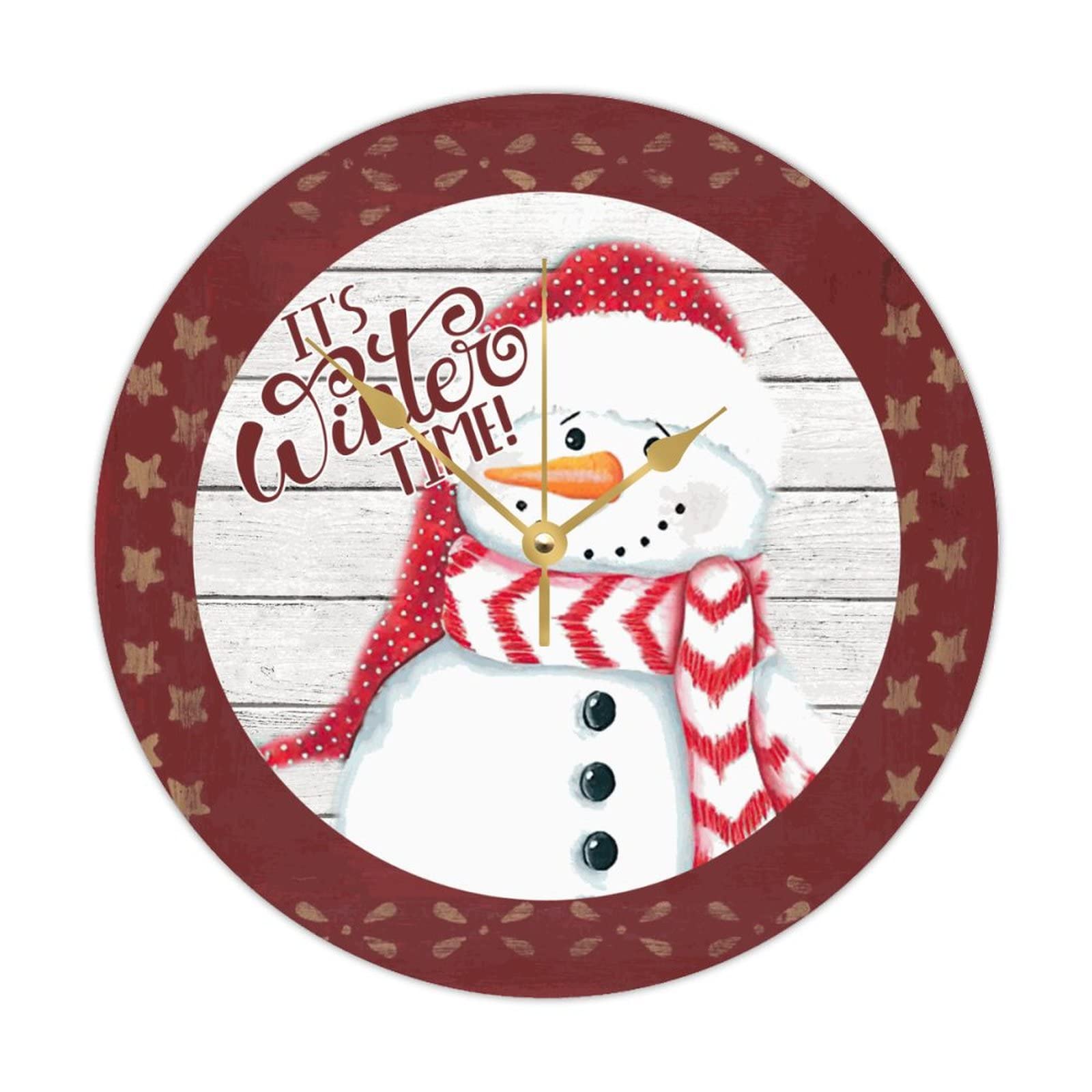 Horloge ronde en bois It's Winter Time avec bonhomme de neige mignon 38 cm
