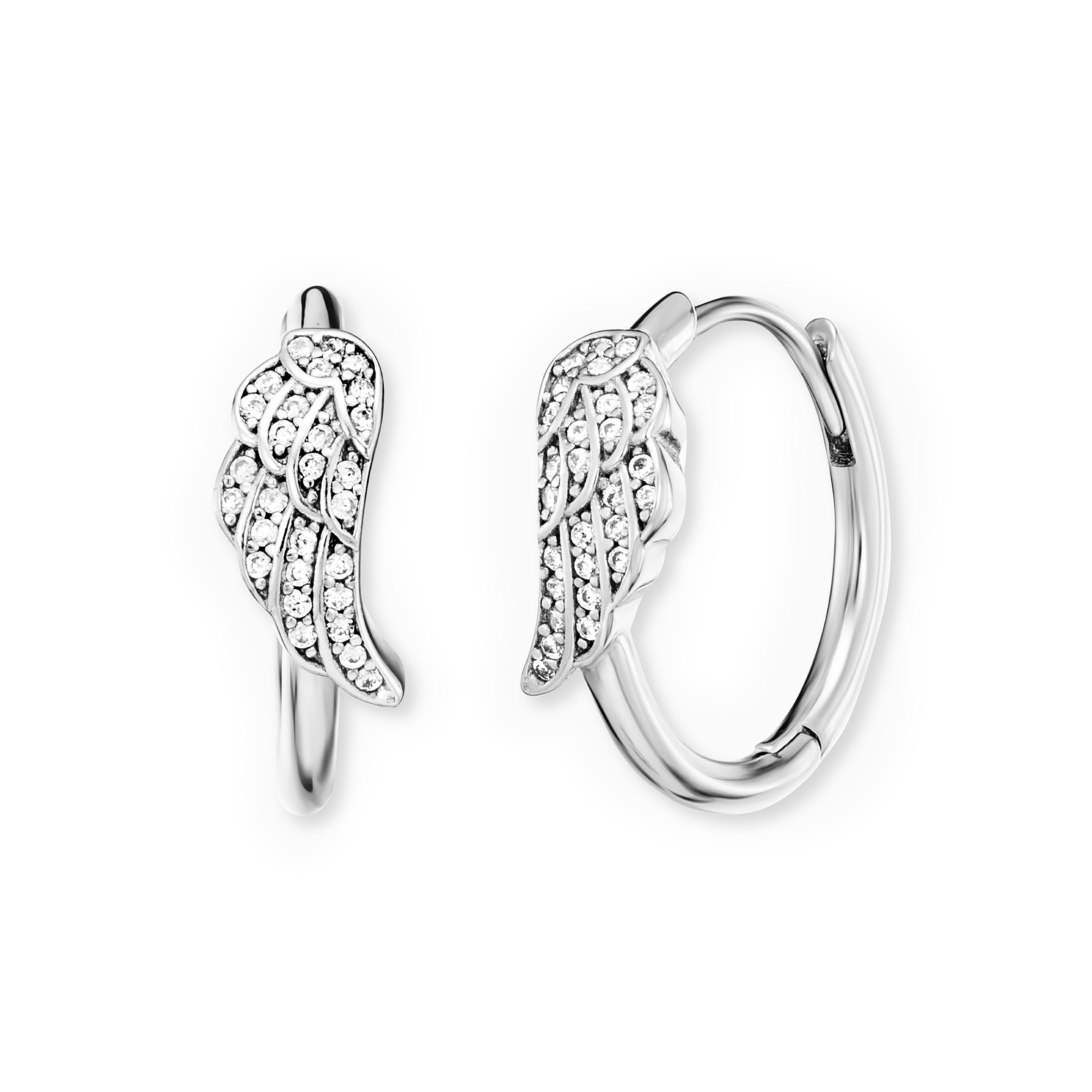Engelsrufer Damen Creolen mit Engelsflügel aus Sterling Silber in silber- besetzt mit 56 weißen Zirkonia Steinen - Clipverschluss - nickelfrei