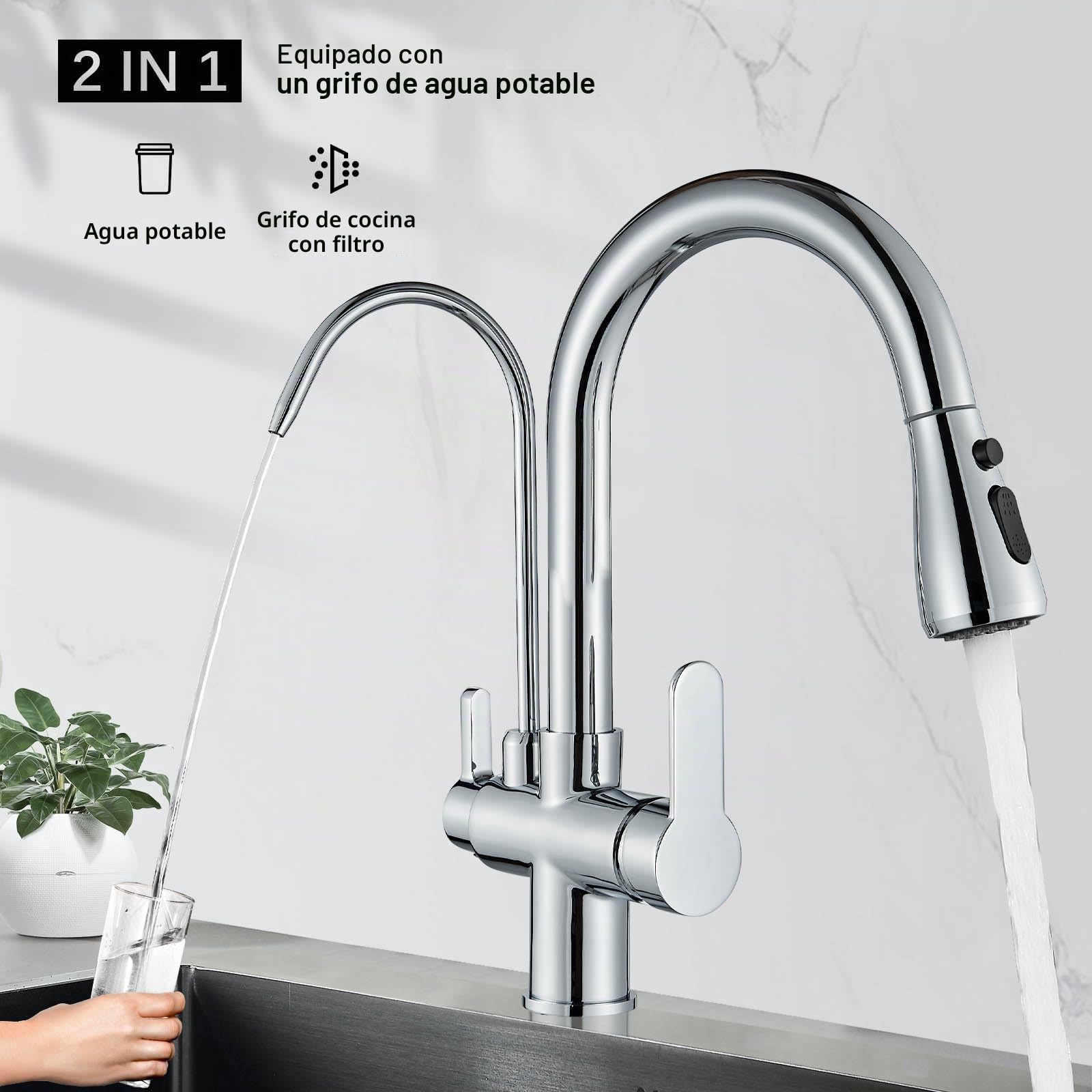 Grifo de cocina de 3 vías, en latón macizo, grifo de cocina de alta presión con alcachofa extraíble, mezclador extraíble para filtro RO (cromado)