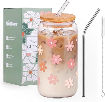 Cute Glass Cups with Lids and Straws Cute Coffee Cup Daisy Gifts for Women