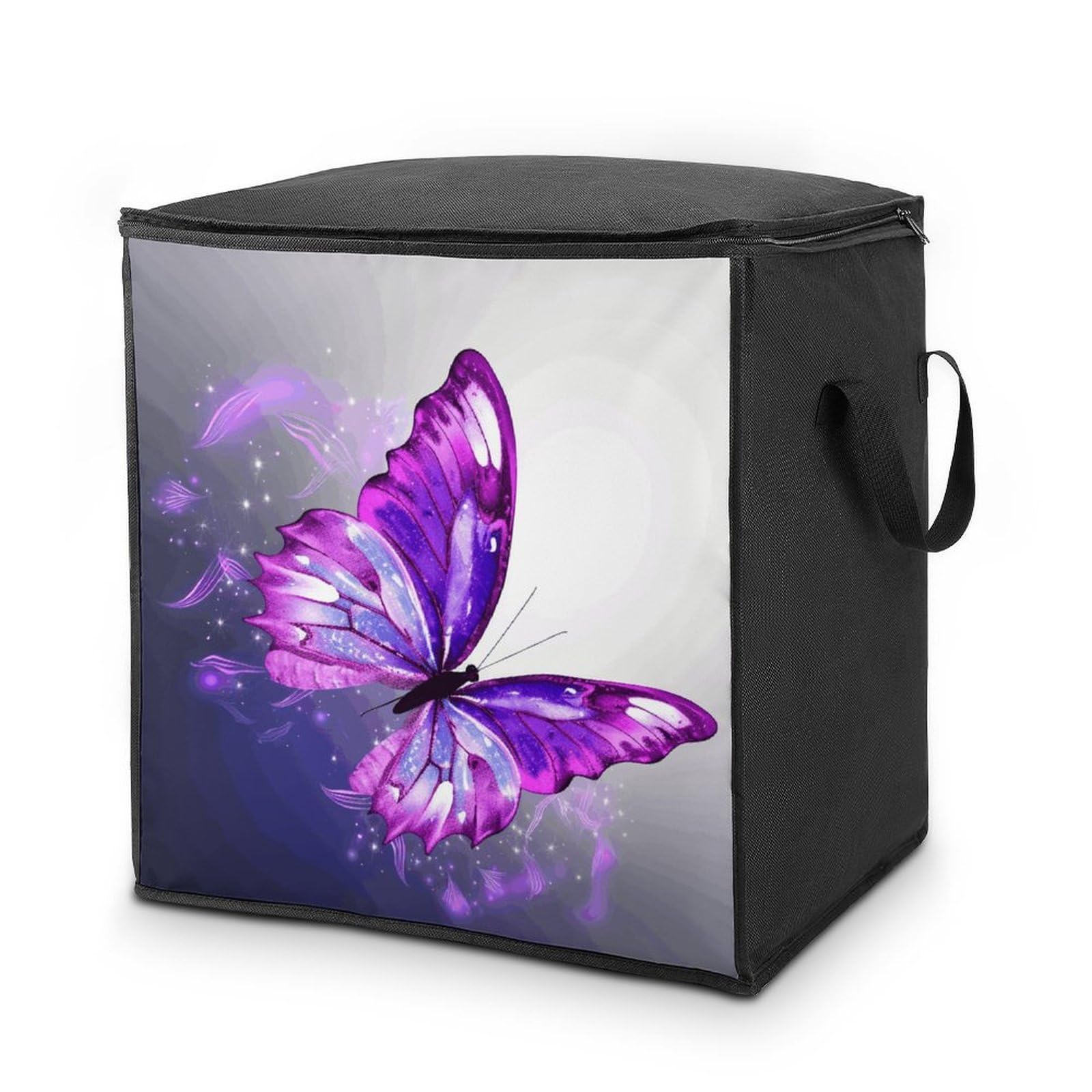 Purple Butterfly Storage Bag with Zippers And Handle Extra Large Bedding Comforter Storage Bag Foldable Blanket Storage Bags Fabric Moving Bags for Closet Organizer (70L)
