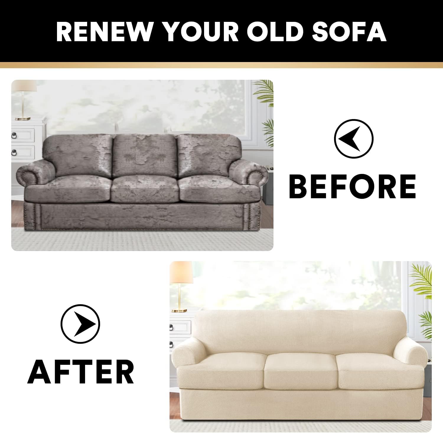 PrinceDeco T Cushion Sofa Slipcover 4 Pieces Sofa Covers for T Cushion Couch Soft Sofa Slip Covers Furniture Protector with 3 Individual T Shape Seat Covers (70"-88") Washable, Natural