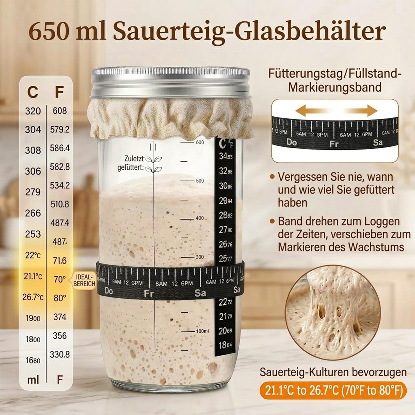 Sauerteig Starter Set, Brot backen Zubehör 24 teilig, Gärkorb Brot Rund 23cm und Oval 25cm, Brotkorb zum Backen, Brotgärkorb mit 650ml Glas, Silikon für Anfänger und Profi Bäcker, BPA frei