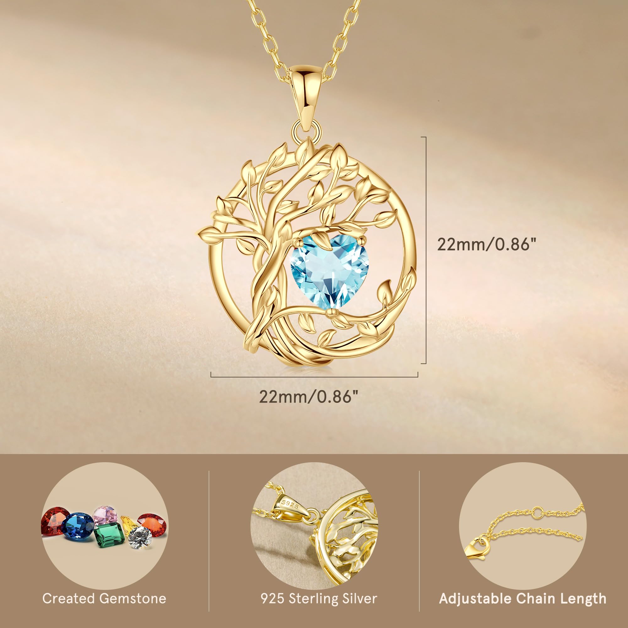 FANCIME Lebensbaum Geburtstein Kette für Damen Gelbgold Vergoldet Baum des Lebens Edelstein Anhänger Halskette Schmuck Geschenke für Damen Frauen Mädchen, Kettenlänge: 40+5 cm