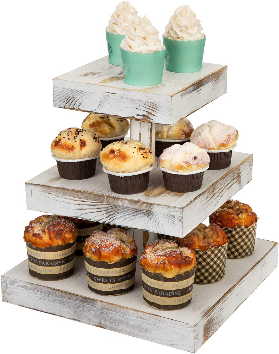MyGift 3 Tier Shabby Whitewashed Solid Wood Square Cupcake Tower and Cake Stand, Tiered Wooden Dessert Serving Tray, Appetizer Display Riser, Tea Party Table Decor