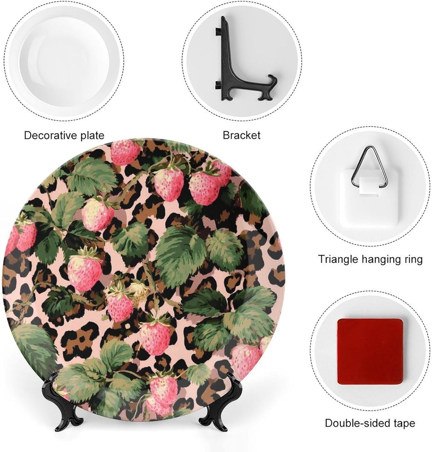 Leopard Print Strawberries Leaves Decorative Plates for Display Ceramic Plate Tray with Stand Hanger Home Decor