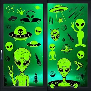 Whaline 6 Sheets Halloween Alien Window Clings Large Size Green Alien Flying Saucer UFO Theme Window Decals Double-Sided R...