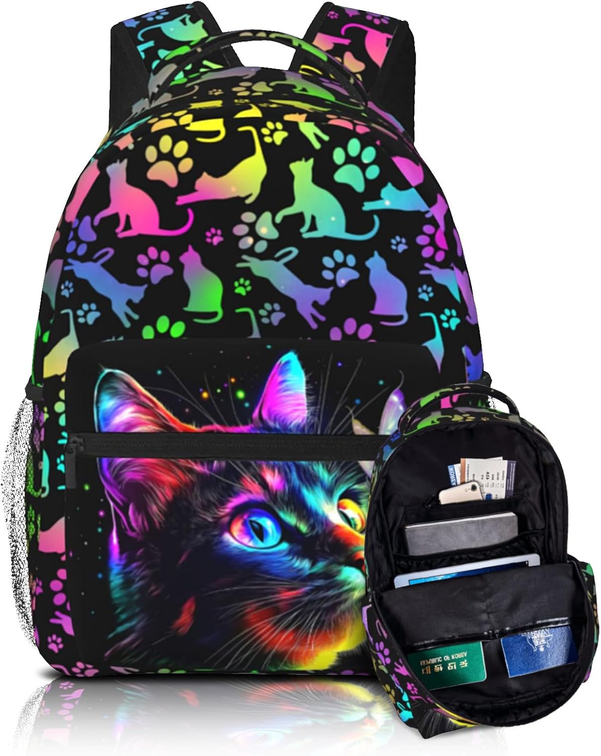Cat Backpack for Girls Cute Cat School Bookbag for Kids Fashion Colorful Animal Theme Backpack for Girls Schoolbag with Waterproof Zippered Pocket Travel Hiking Everyday Use