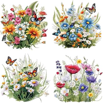 4 Sheet Flower Butterfly Heat Transfer Vinyl Decals Watercolor Various Floral Butterflies Design Iron on Patches Spring Theme Iron on Transfer Sticker for Clothing T-Shirt Pillow Backpack Decoration