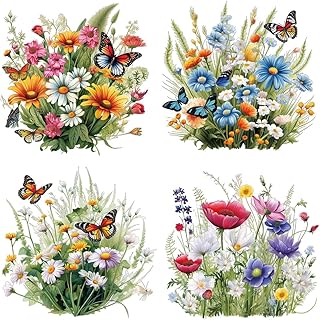 4 Sheet Flower Butterfly Heat Transfer Vinyl Decals Watercolor Various Floral Butterflies Design Iron on Patches Spring Theme Iron on Transfer Sticker for Clothing T-Shirt Pillow Backpack Decoration