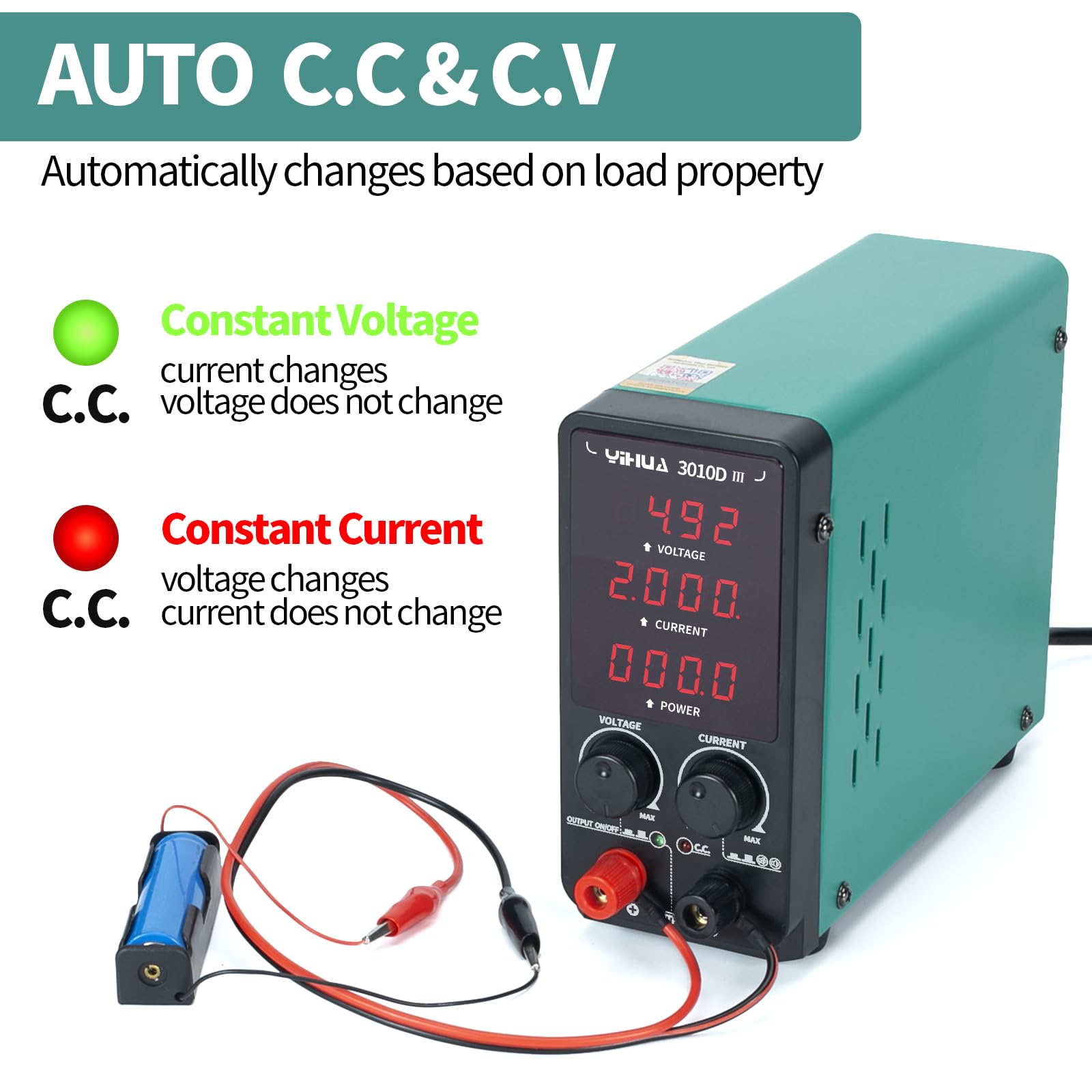 YIHUA 3010D-III DC Alimentatore da banco Laboratorio 30V 10A variabile Alimentatore regolabile con clip a coccodrillo, modalità CC/CV automatica per elettronica, riparazione, galvanica, ingegneristica