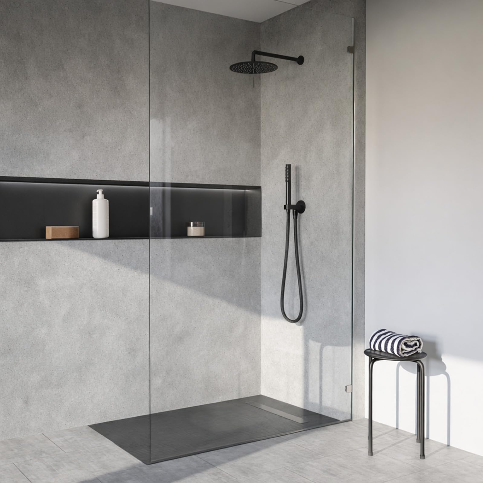 Receveur de Douche à Carreler 140x80cm à Ecoulement Linéaire - Grille Noire et Bonde