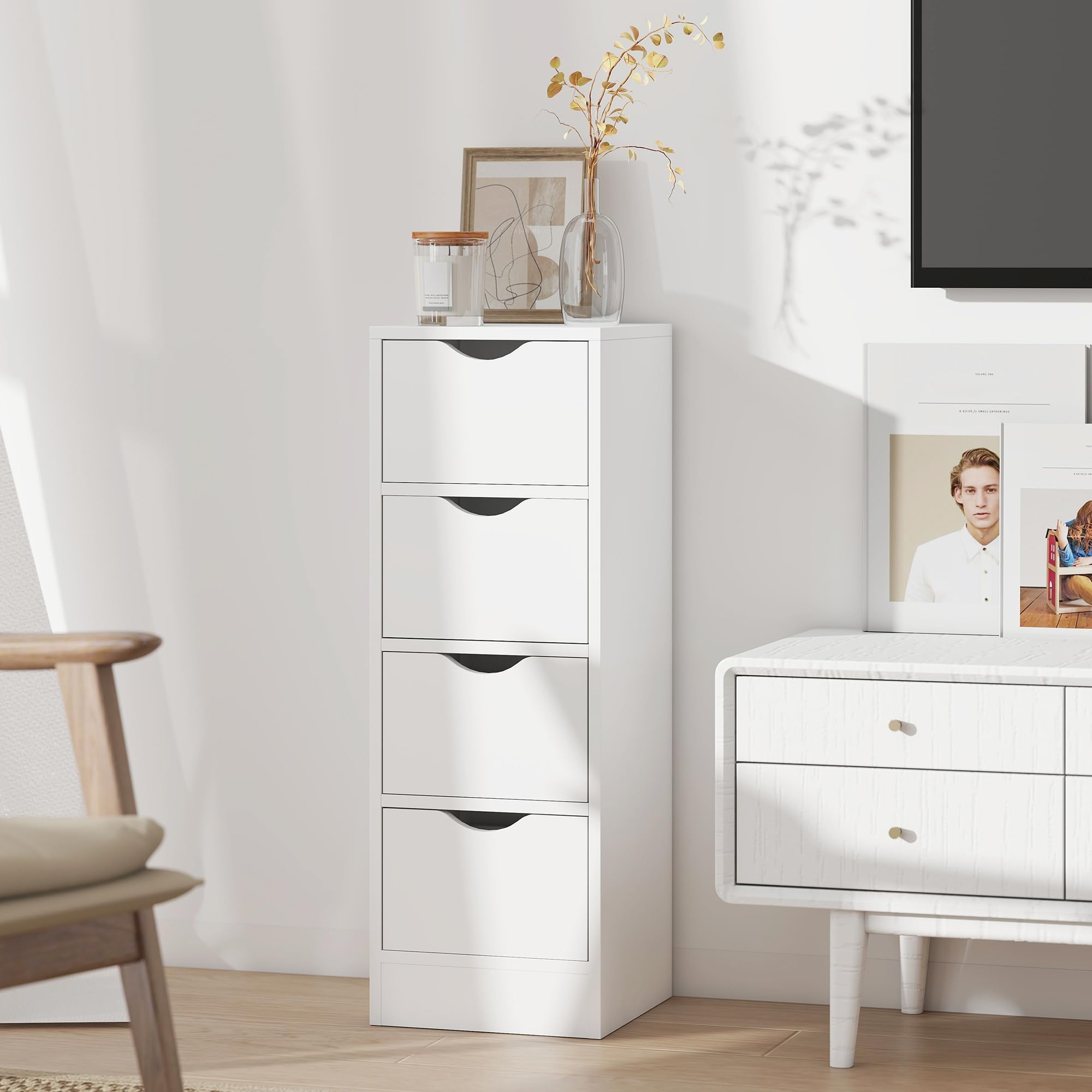 HOMCOM Meuble de Salle de Bain Meuble de Rangement 29 x 29 x 83 cm Blanc | 4 Tiroirs, Poignées Encastrées, Armoire Salle de Bain, Chambre, Salon, Idéal pour Petits Espaces