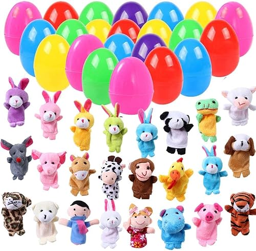 ThinkMax 24 huevos de Pascua rellenos de marionetas de dedo para cestas de Pascua caza de huevos de Pascua recuerdo de fiesta de Pascua regalo de