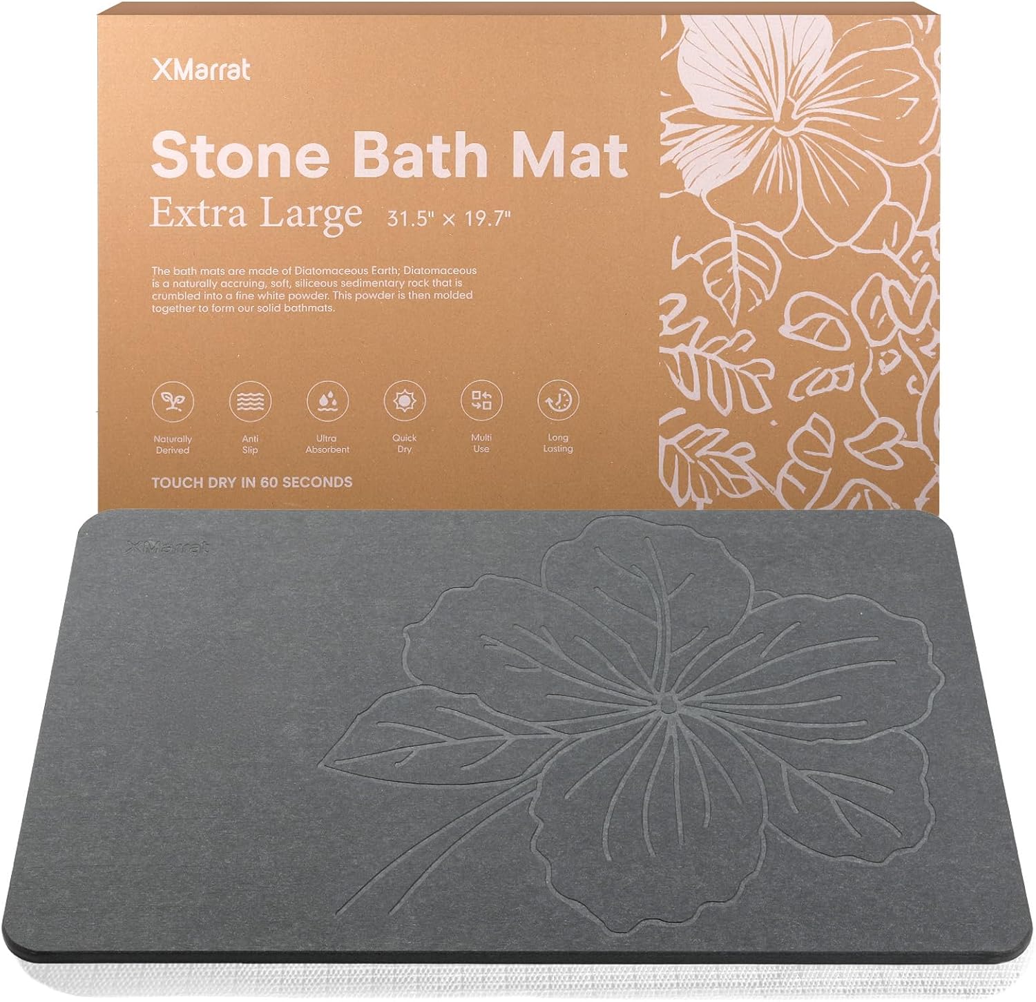 Extra Large Stone Bath Mat Large, 31.5'' x 19.7'' Diatomaceous Earth Non-Slip Stone Shower Mat, Super Absorbent Diatomite Stone Mats for Bathroom, Quick Drying, Easy to Clean (Dark Gray)