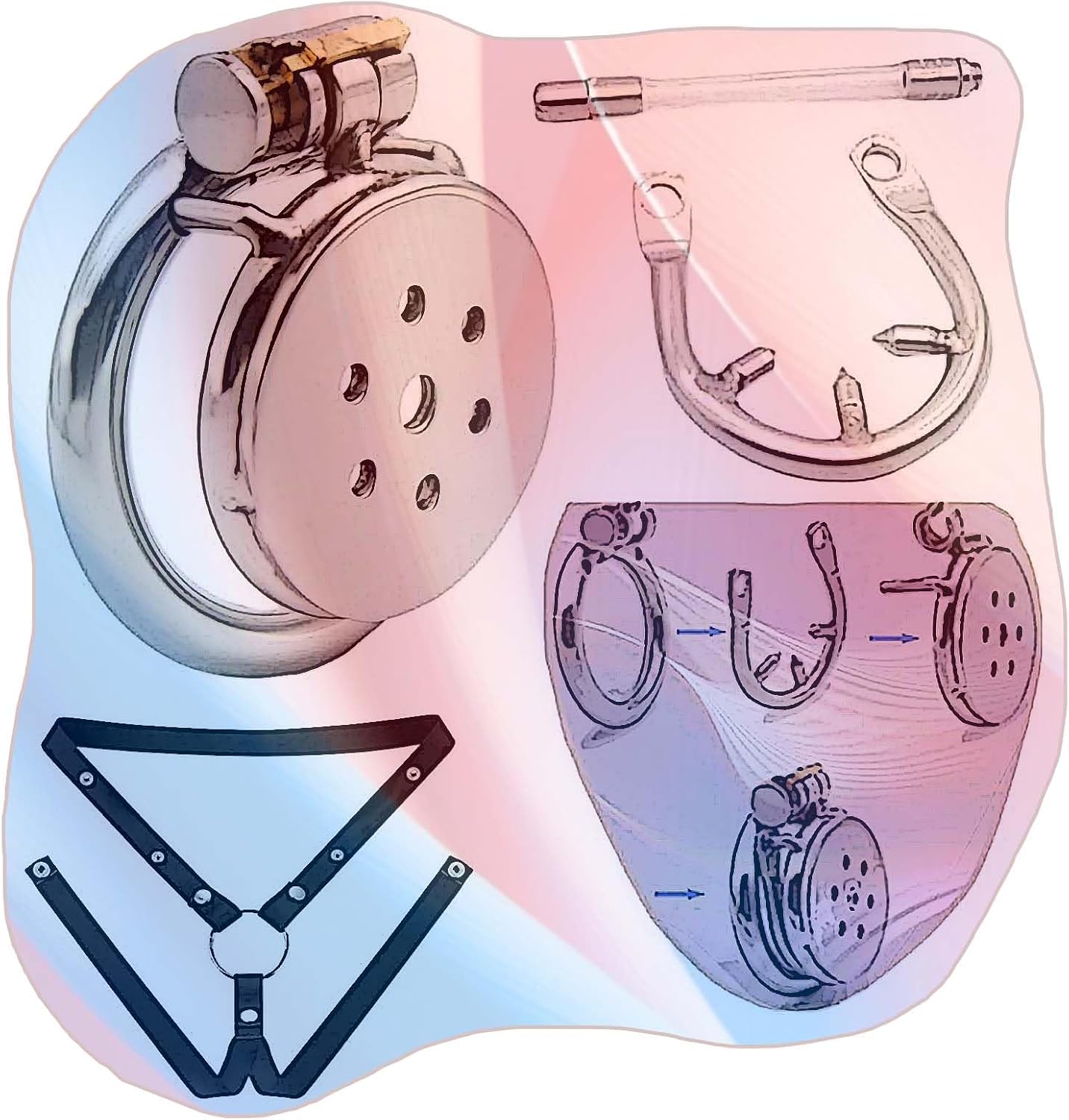 Stainless Steel Flat Plate Protective Cage for Sissy Men, Anti Escape and Slip, New Breathable with Belt and Tube Set -A16CCUS (50mm：A)