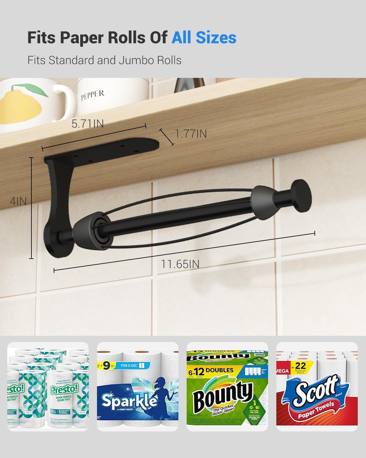 Paper Towel Holder Under Cabinet, One-Handed Tear, Wall Mount, Adhesive, Black, Paper Roll Holder with Ratchet Mechanism for Kitchen Bathroom Farmhouse Essentials Decor Accessories - Image 4