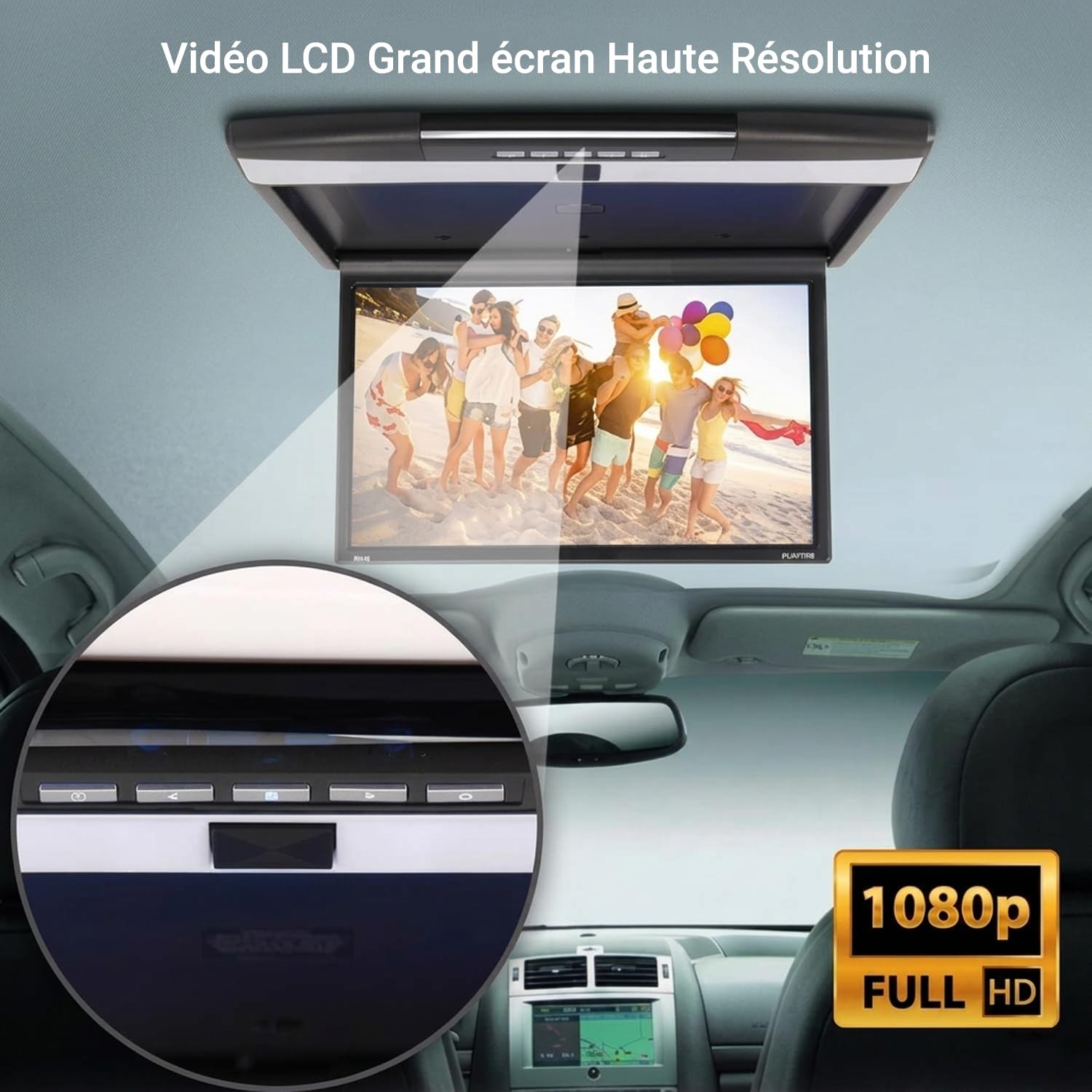 Pyle Écran Plafonnier Voiture 17,3 Pouces LCD Rabattable - Moniteur de Toit HD 1080p avec HDMI, USB, Micro SD, Émetteur IR pour Casque sans Fil, FM, Haut-Parleurs Intégrés, Télécommande
