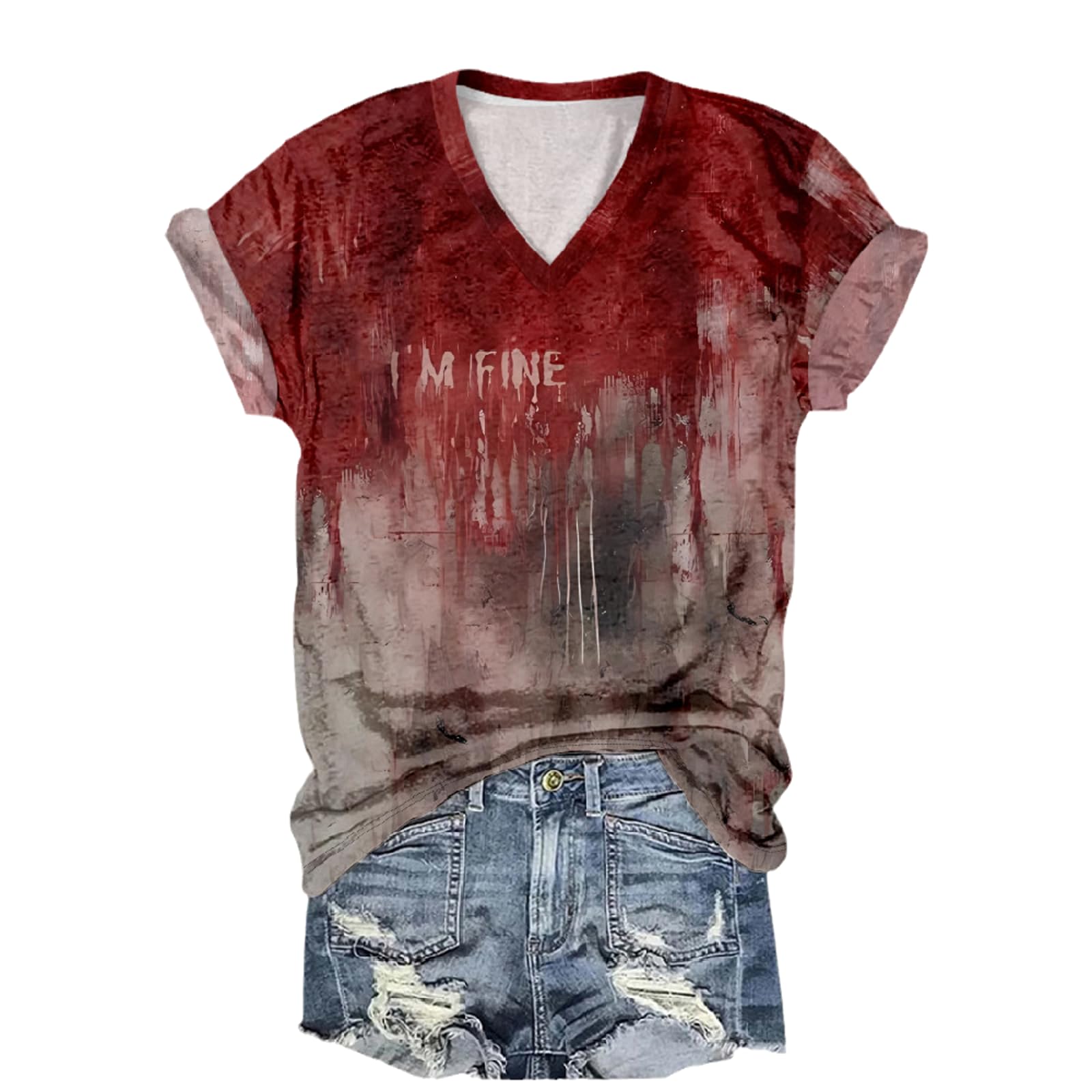 HanzhuoLGProblem Solved I'M Fine Bloody T Shirt Women Funny Halloween T Shirt V Neck Short Sleeve Tee