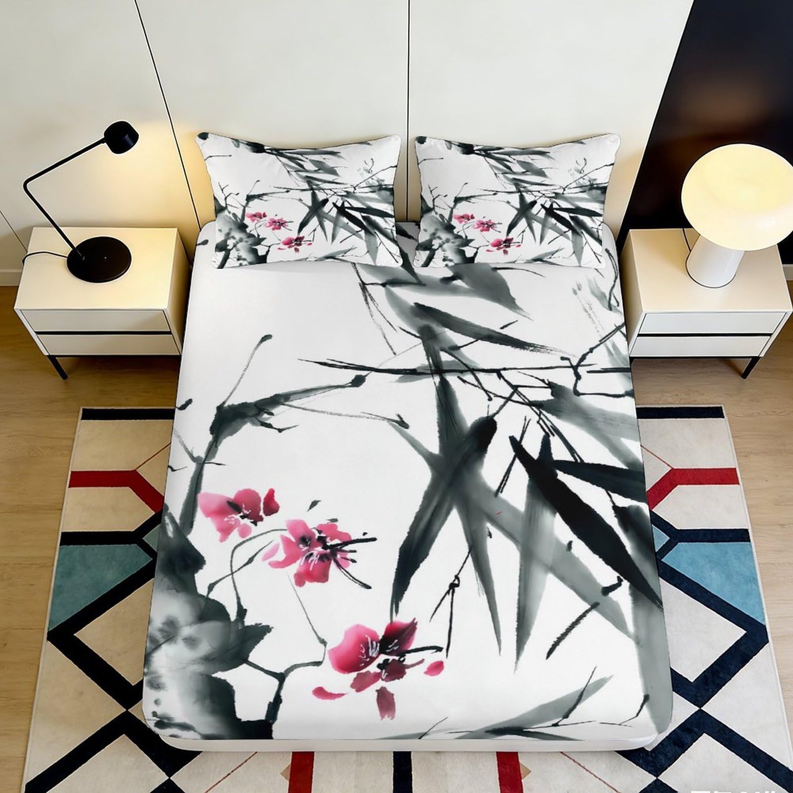 3D Printed Bamboo Blossom Fitted Sheet Microfiber Soft Breathable Orchid Bed Cover for Bedroom Dorm Mattress Protection Decor 90x200x25cm