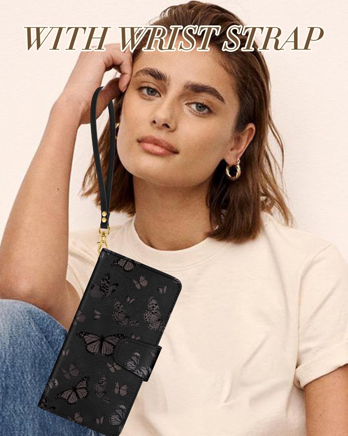 Toycamp for Samsung Galaxy S24 Ultra Wallet Case with Wrist Strap - Leather Flip Folio Phone Case with RFID Blocking 4 Card Slots Galaxy S24 Ultra Funda Cute Aesthetic for Women Lady, Black Butterfly - Image 3