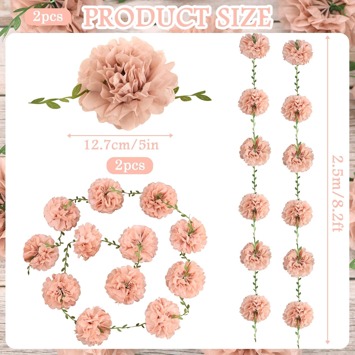 2 Pcs Dusty Pink Flower Garland for Bridal Shower Decorations, Baby Shower Decorations for Girls, Pom Pom Garland, Paper Flowers Party Decorations for Birthday