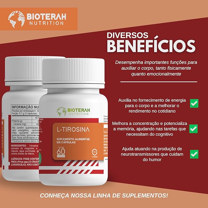 L-Tirosina 60CAPS BIOTERAH Suplemento Alimentar Vitaminas Auxilio Humor