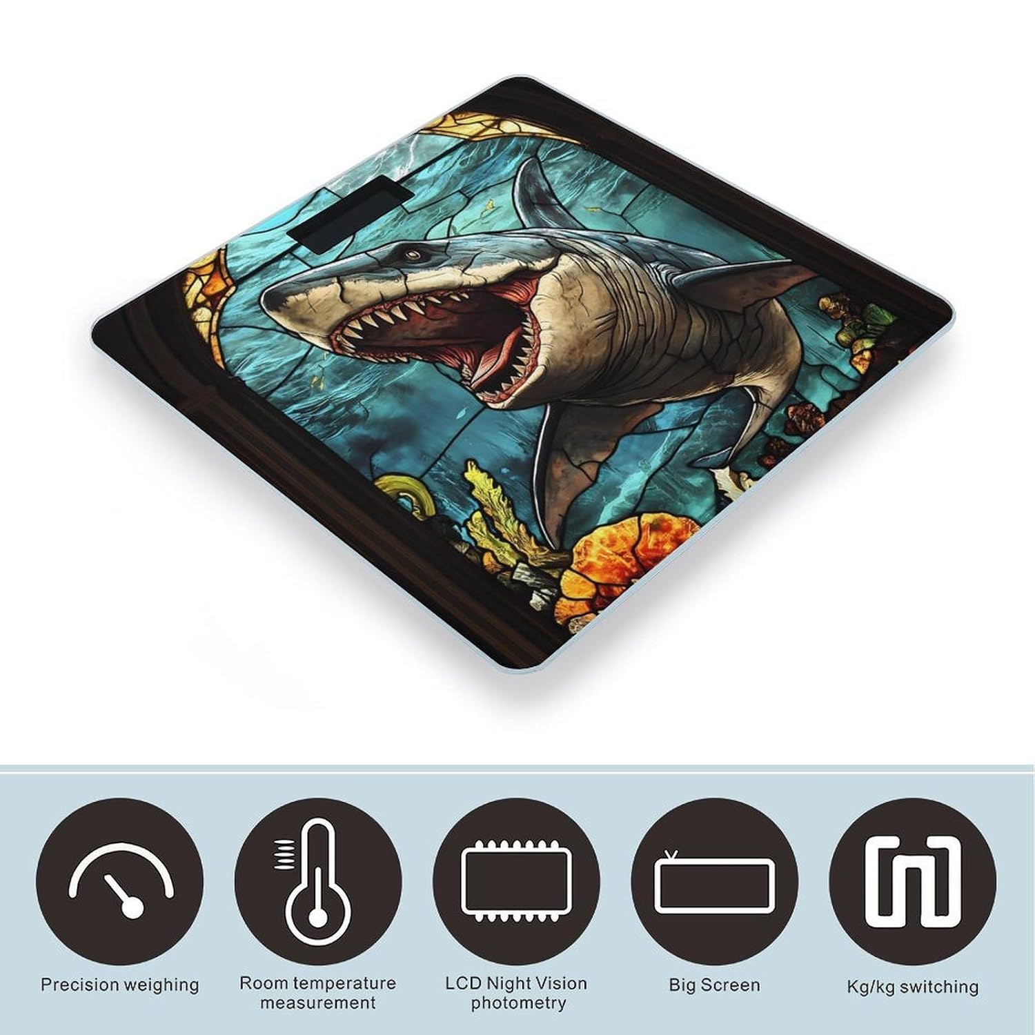 Glass Window Shark Megalodon Ocean Digital Bathroom Scale for Body Weight Lighted LCD Display Round Corner