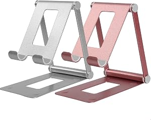 2 Pack Phone Stand for Desk, Cell Phone Holder, Fully Adjustable Desktop Cellphone Stand Accessories for Office Kindle Compatible with iPhone Pro/Max/Plus, Rose Gold & Silver