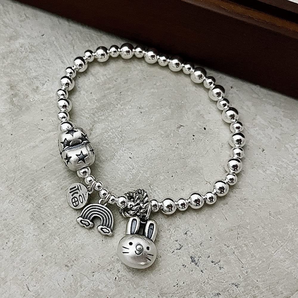 LYGXWJFC Sterling Silber Armband, Vintage Sterling 925 Silber Armband für Frauen Hase Regenbogen Anhänger Silber Armband Armreif mit elastischer Silberkette Glücksschmuck für Frauen