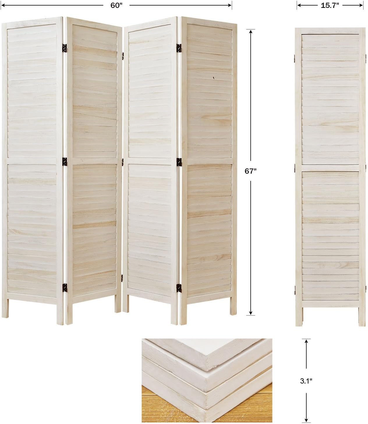 Room Dividers and Folding Privacy Screens, Wood Louvered Separators Divider Wall for Home Office Bedroom - 4 Panels, 67 * 60inch (White-Washed)